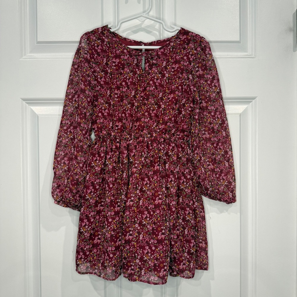 Little Lass Girls Burgundy Floral Chiffon Long Sleeve Dress Size 6